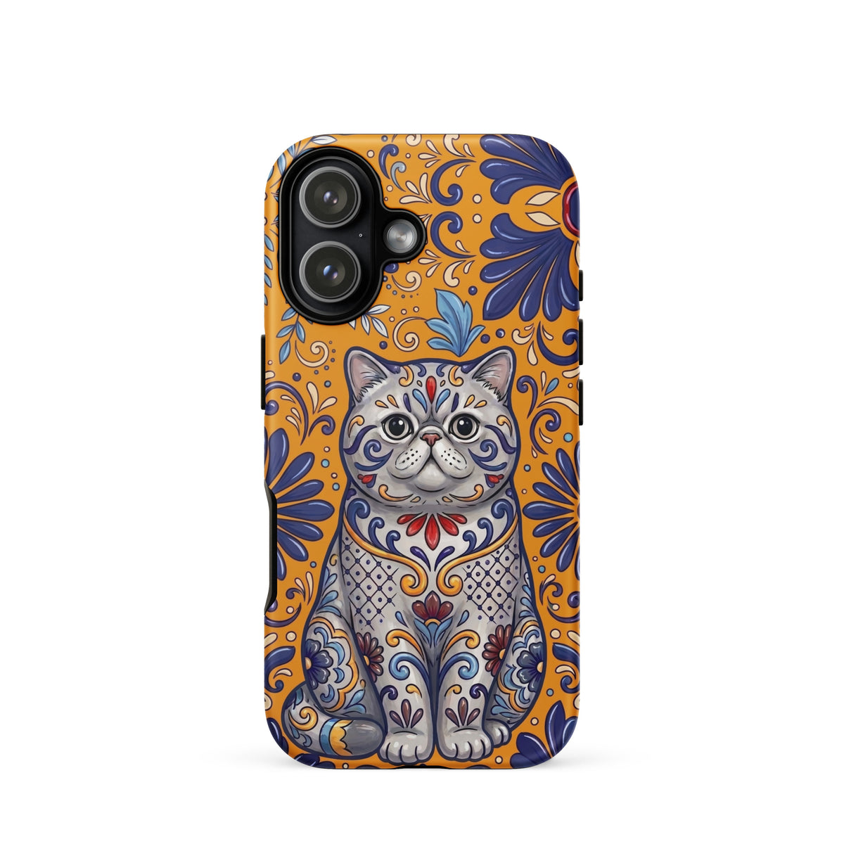 Talavera-style Exotic Shorthair cat on marigold, matte Tough Case, iPhone 17
