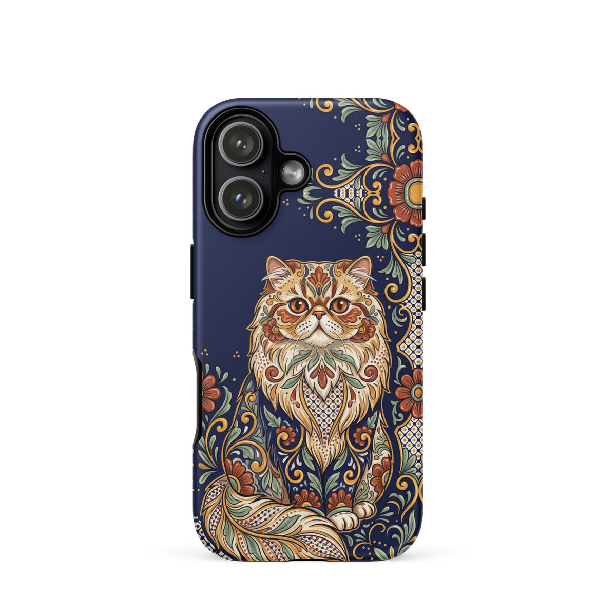 Talavera-style Persian cat on navy, matte Tough Case, iPhone 17