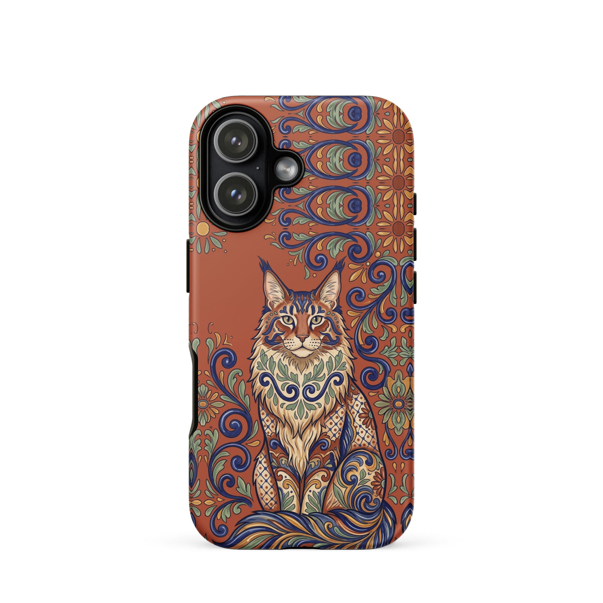 Talavera-style Maine Coon cat on terracotta, matte Tough Case, iPhone 17
