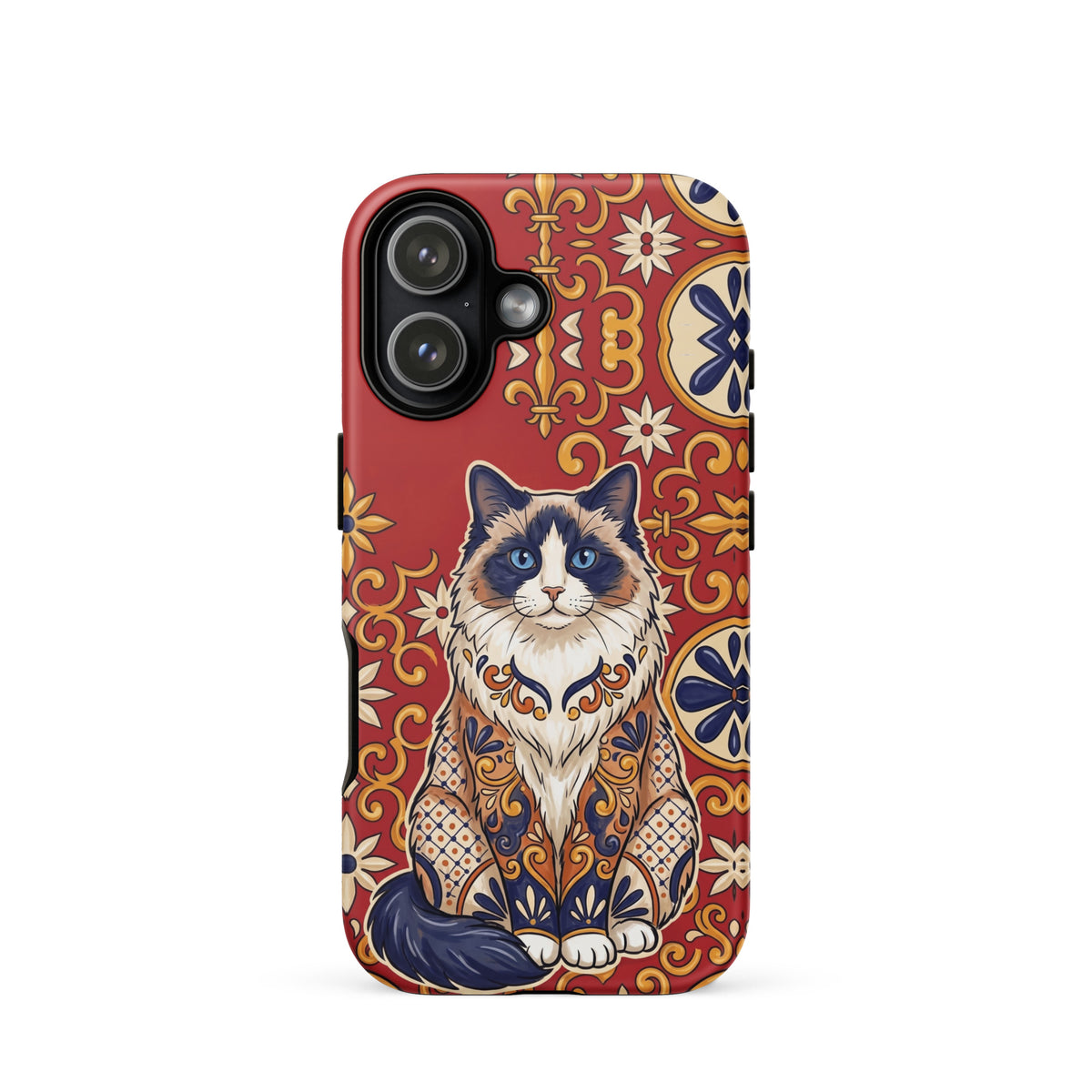 Talavera-style Ragdoll cat on red, matte Tough Case, iPhone 17