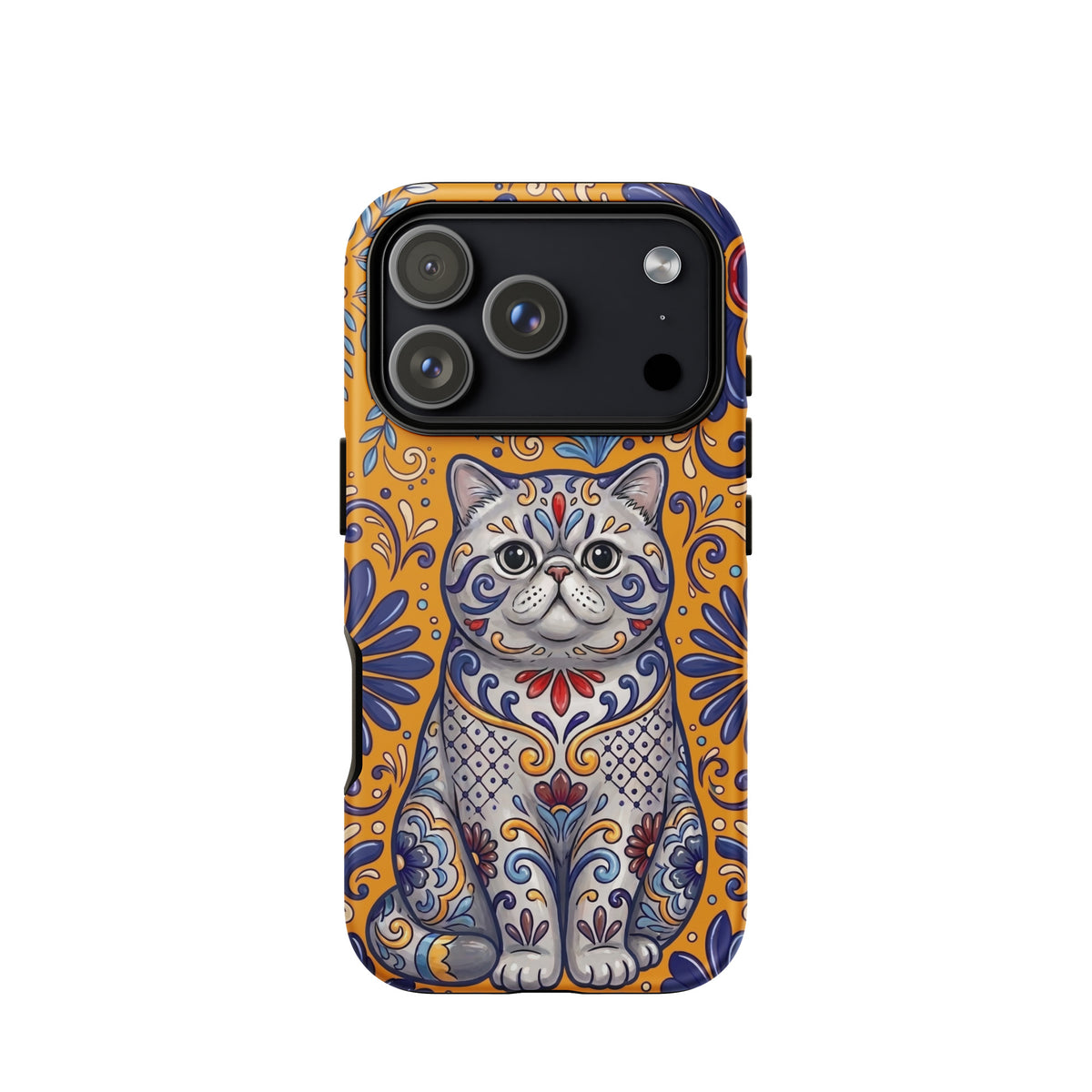 Talavera-style Exotic Shorthair cat on marigold, matte Tough Case, iPhone 17 Pro
