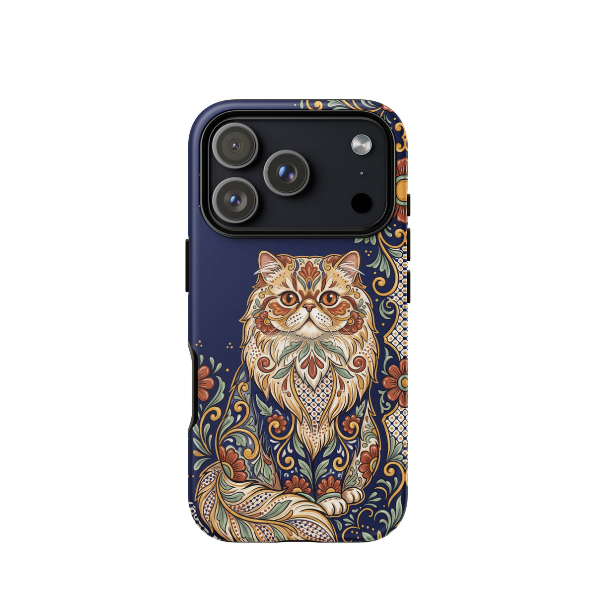 Talavera-style Persian cat on navy, matte Tough Case, iPhone 17 Pro