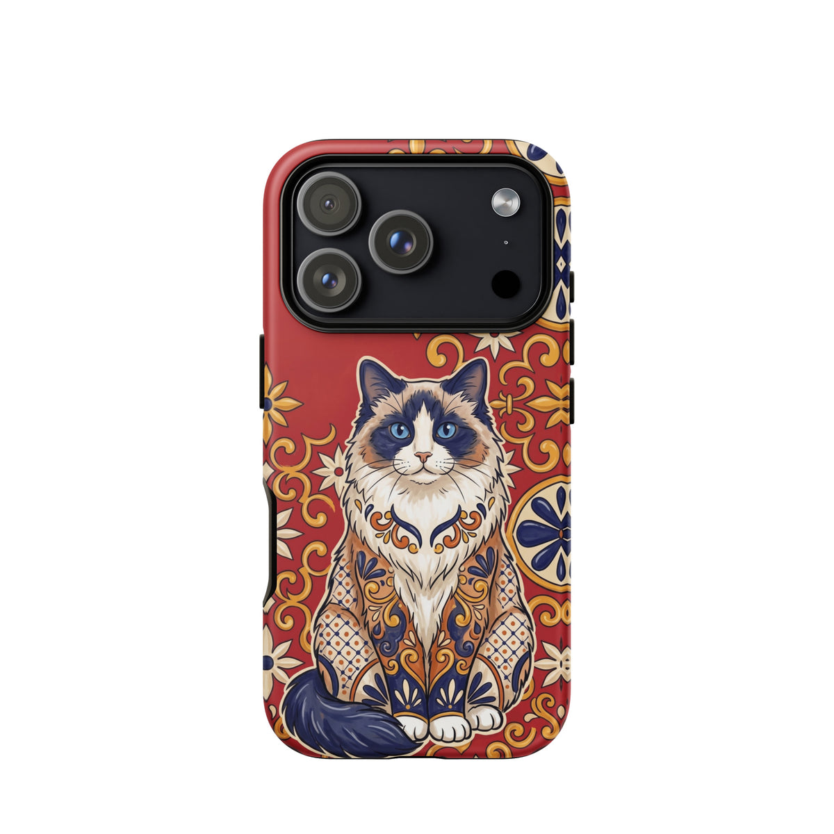 Talavera-style Ragdoll cat on red, matte Tough Case, iPhone 17 Pro
