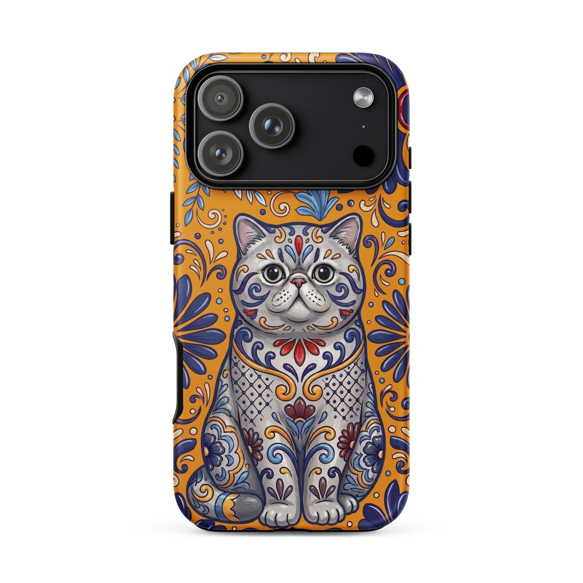 Talavera-style Exotic Shorthair cat on marigold, matte Tough Case, iPhone 17 Pro Max