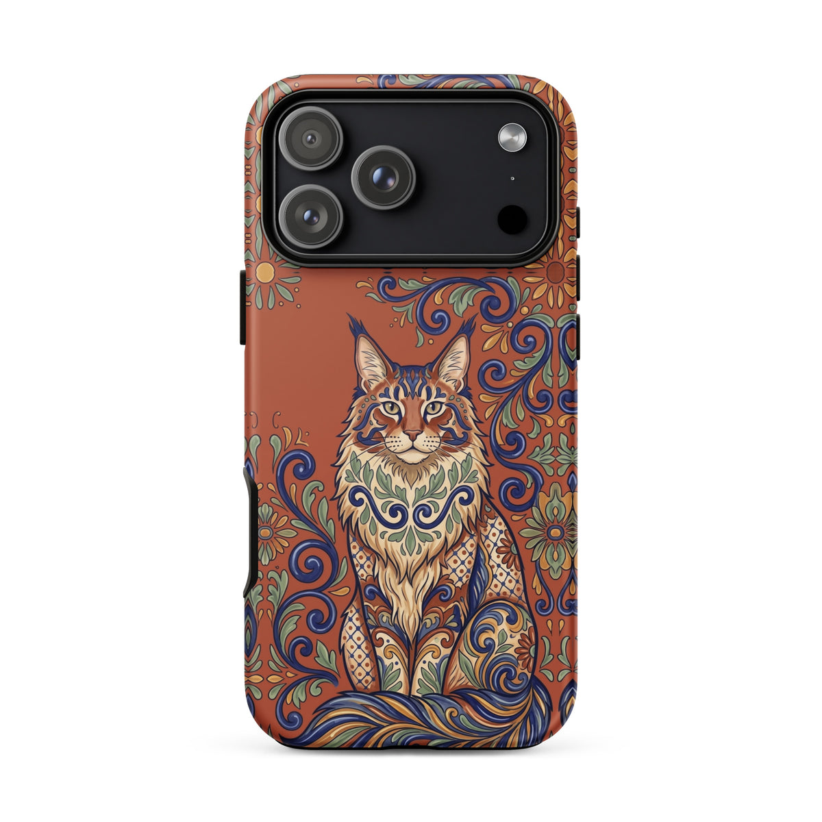 Talavera-style Maine Coon cat on terracotta, matte Tough Case, iPhone 17 Pro Max