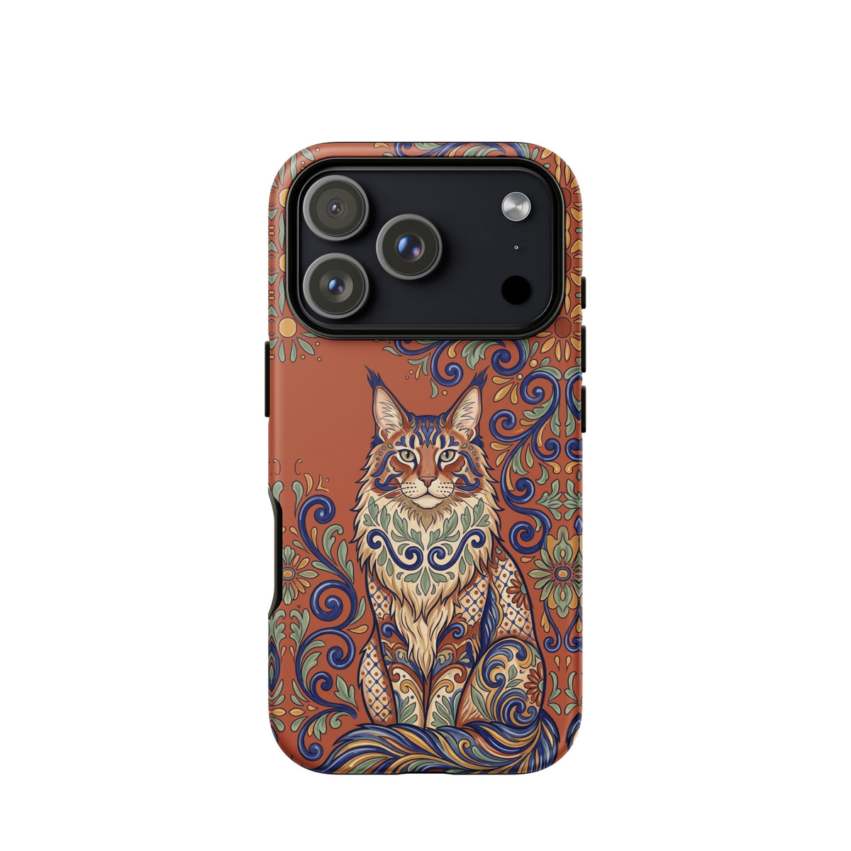 Talavera-style Maine Coon cat on terracotta, matte Tough Case, iPhone 18 Pro