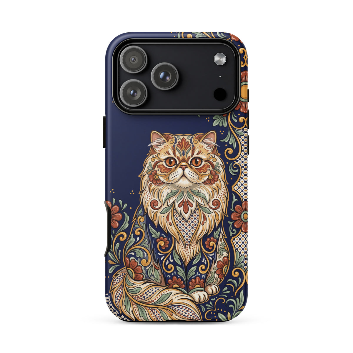 Talavera-style Persian cat on navy, matte Tough Case, iPhone 18 Pro Max