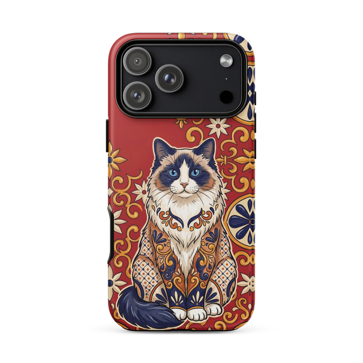 Talavera-style Ragdoll cat on red, matte Tough Case, iPhone 18 Pro Max