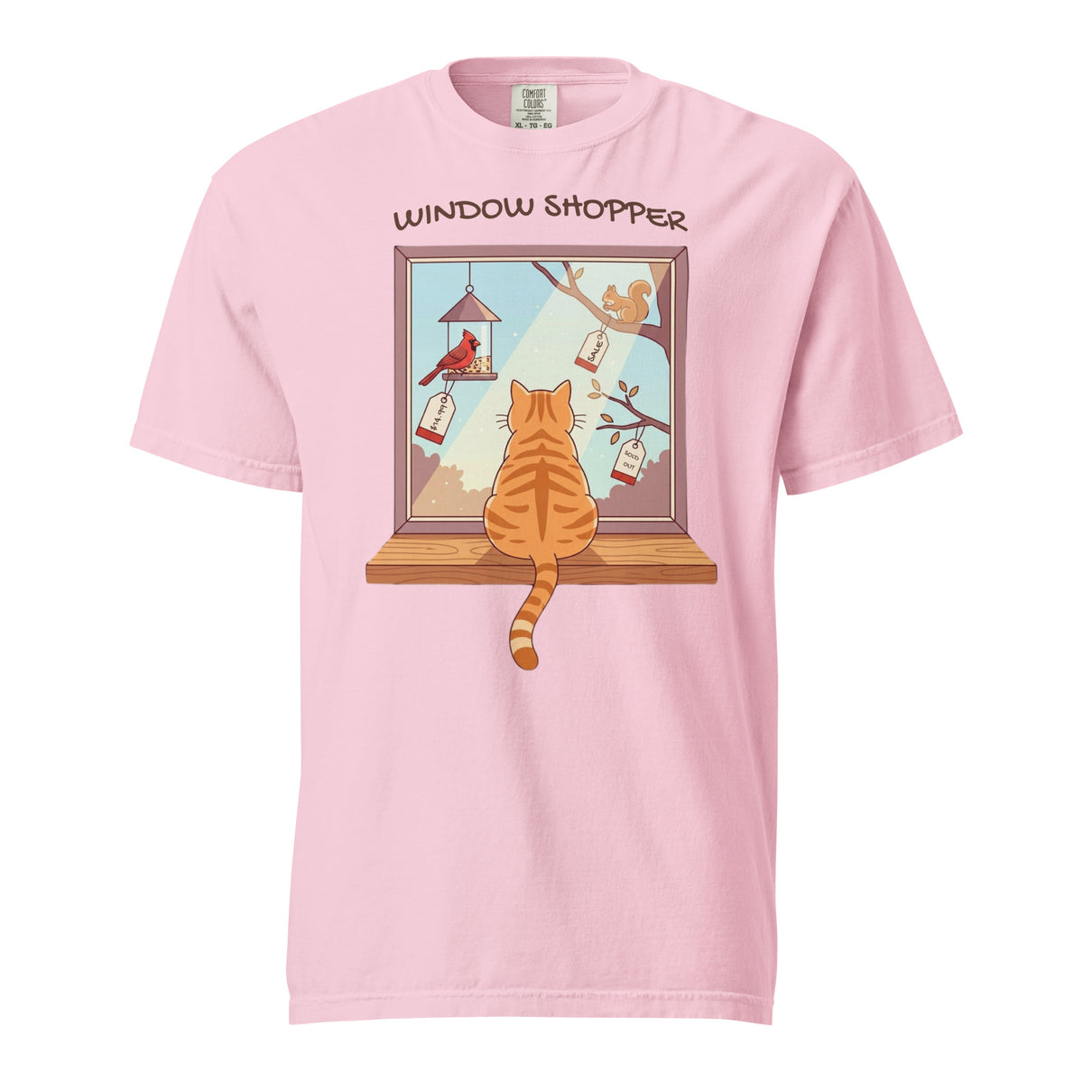 Blossom pink Window Shopper t-shirt, orange cat at a window, price tags on a cardinal and squirrel