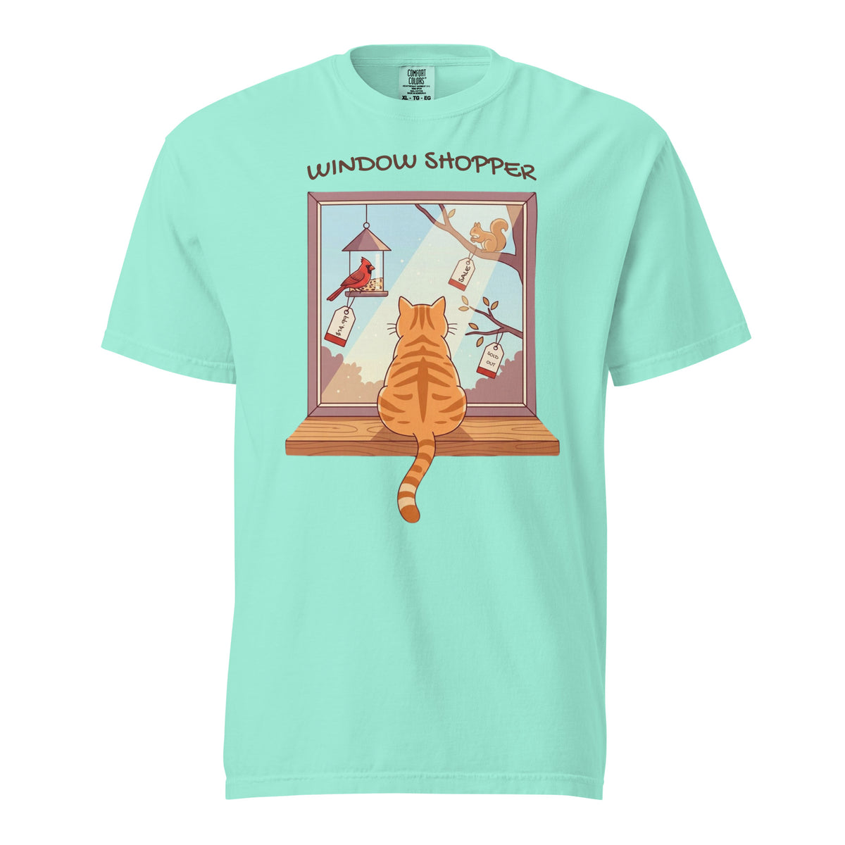 Chalky Mint funny orange cat shirt, tabby window shopping a cardinal, squirrel and sold-out branch