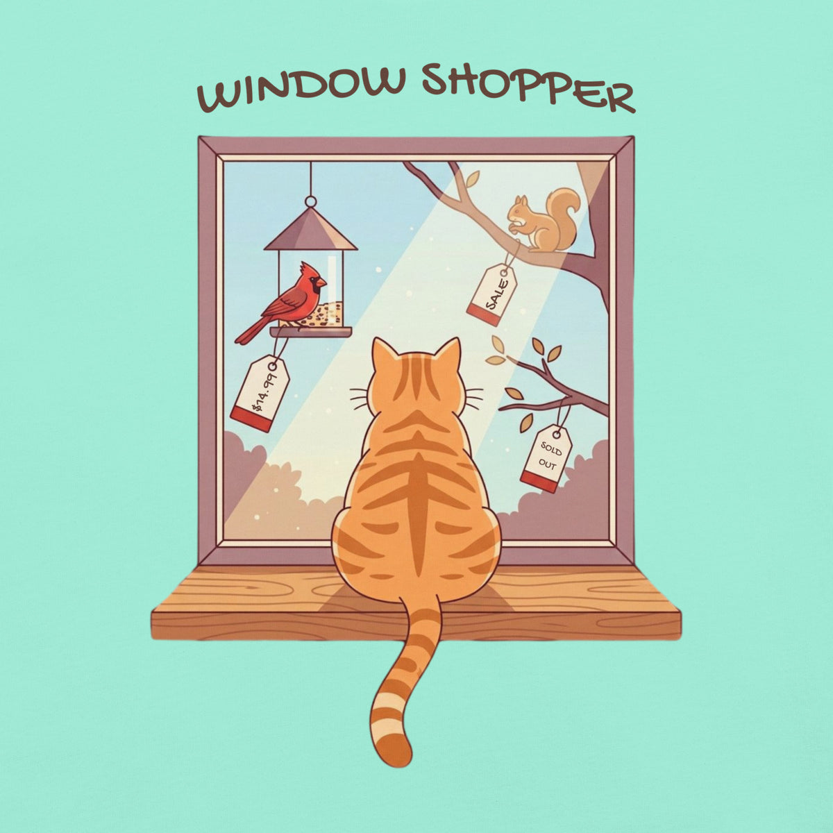 Close-up of the Window Shopper design on Chalky Mint: orange cat watching price-tagged birds