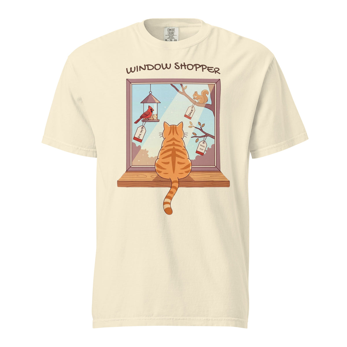 Ivory funny orange cat shirt: tabby at a window, price tags on a cardinal, squirrel and empty branch