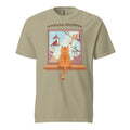 Khaki Window Shopper tee: orange tabby on a windowsill eyeing a tagged cardinal and squirrel