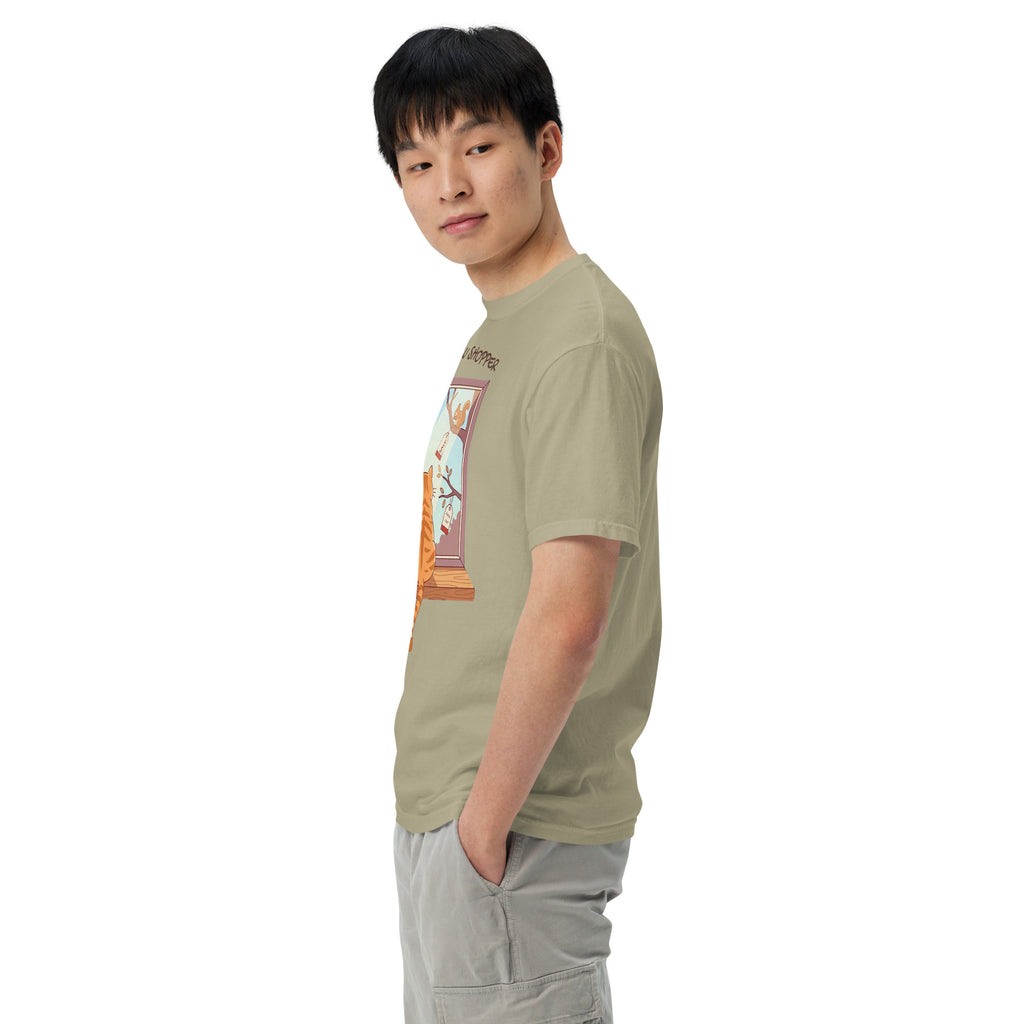 A model wearing the Khaki Window Shopper t-shirt, shown from the left side