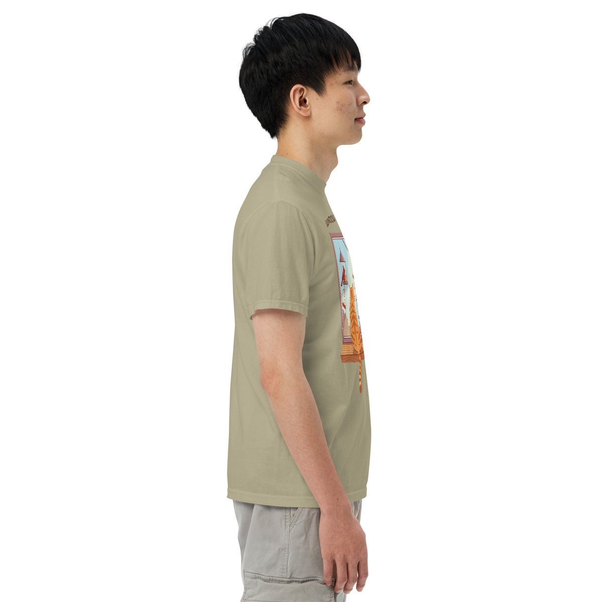A model wearing the Khaki Window Shopper t-shirt, shown from the right side