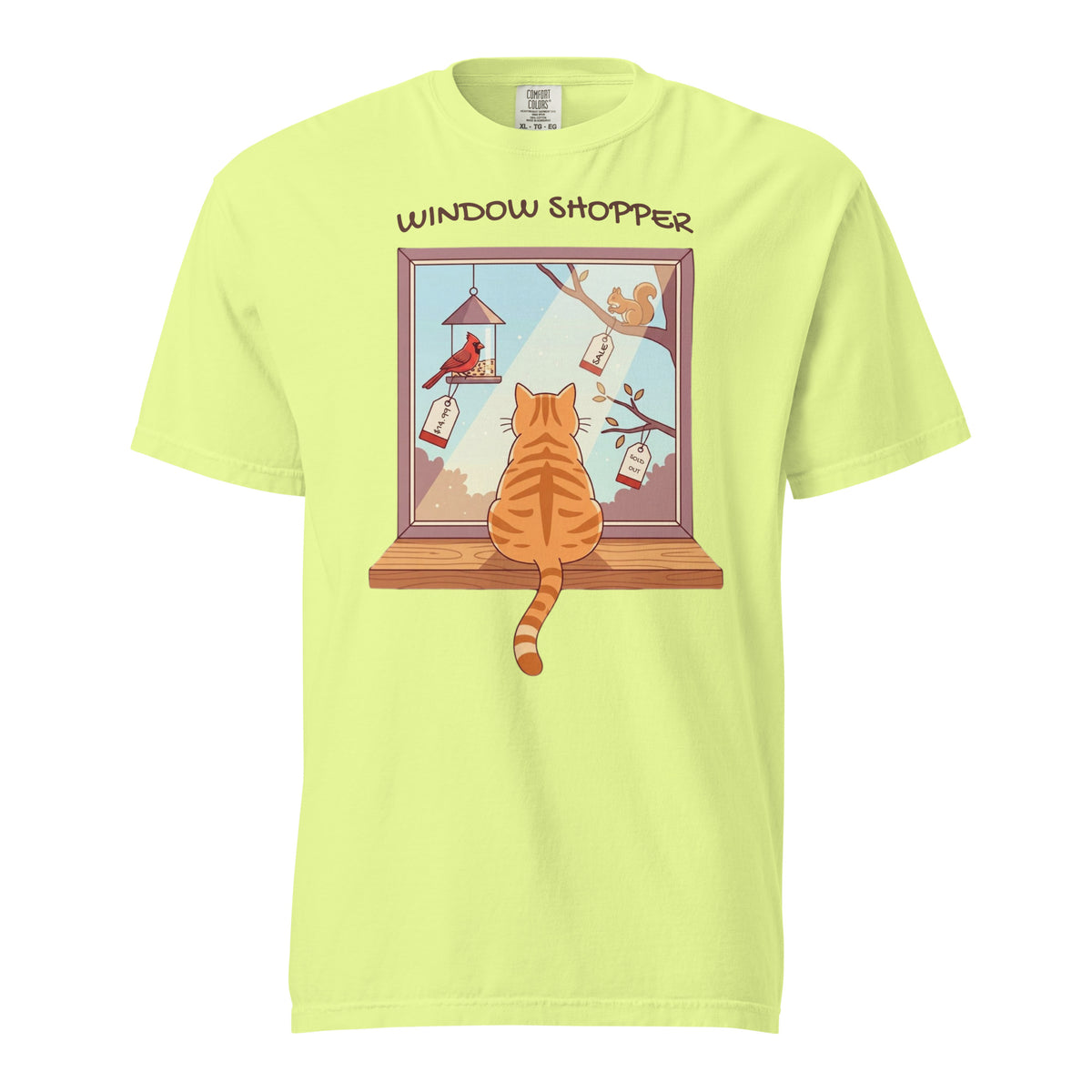 Neon Lemon Window Shopper tee: orange cat watching price-tagged birds from a windowsill