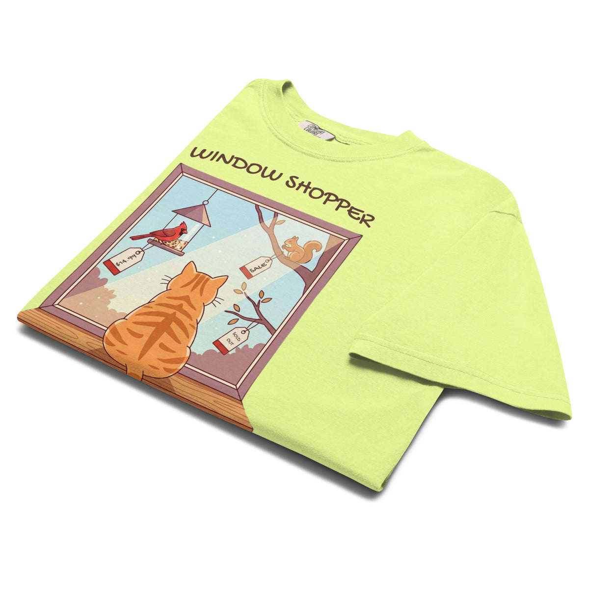 Folded Neon Lemon Window Shopper tee showing the orange cat and price-tagged cardinal up close