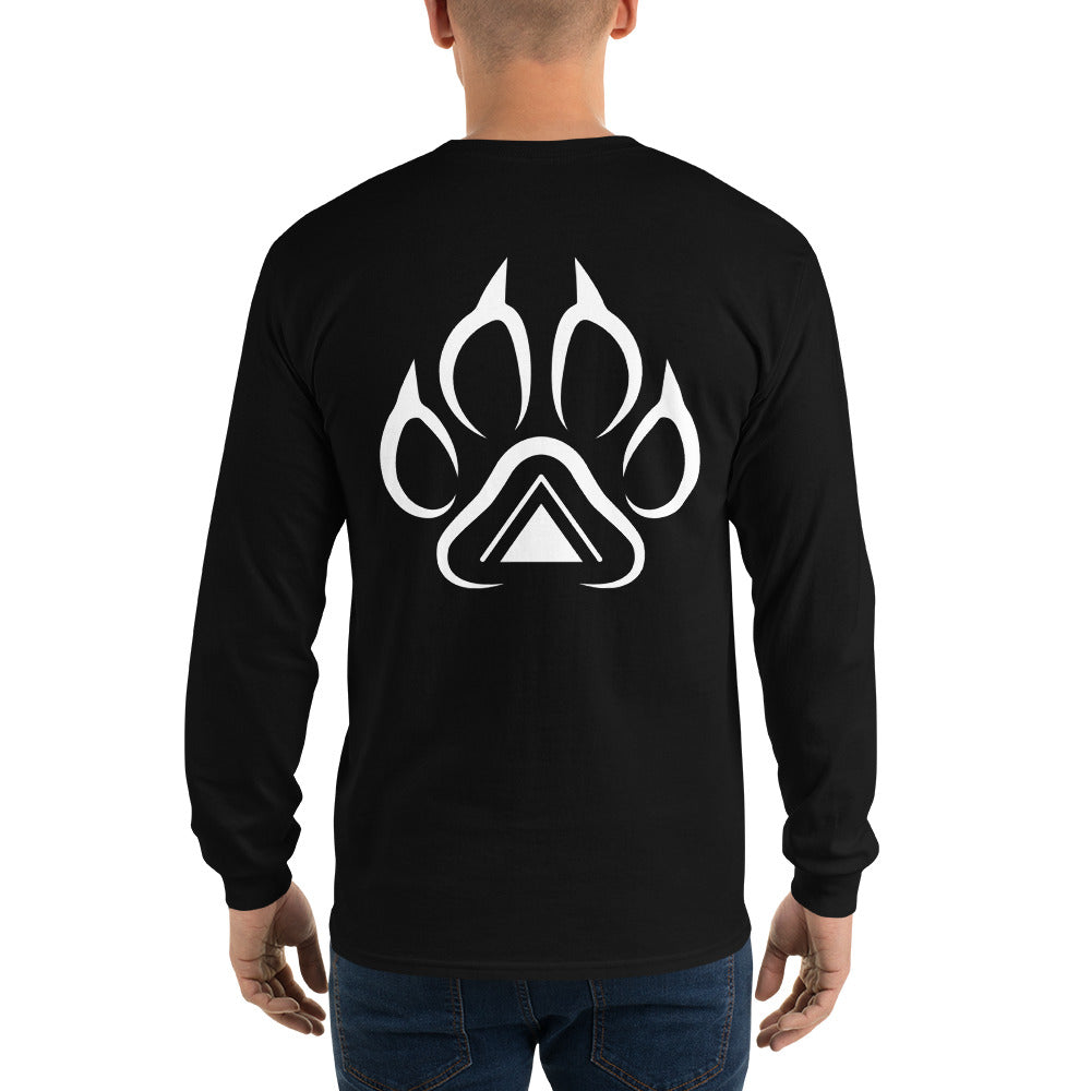 Man wearing black Grit City Tribe long sleeve showing tribal lion paw back graphic
