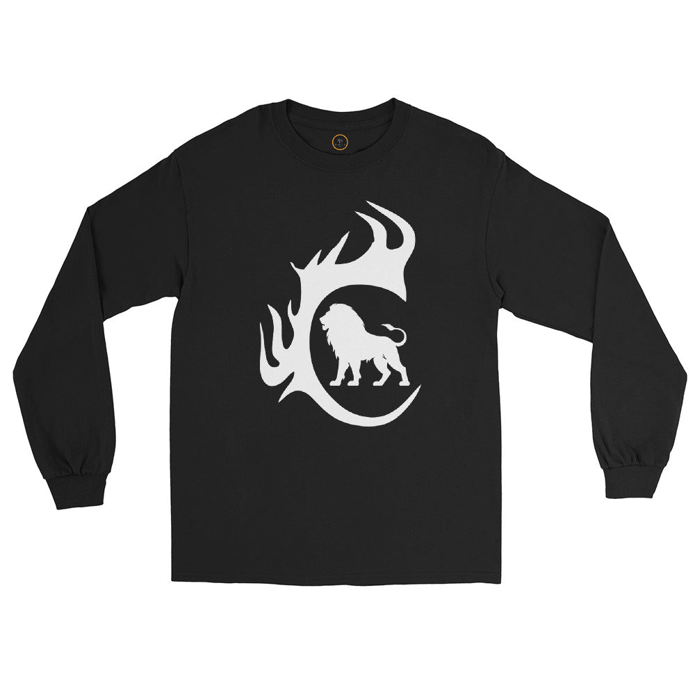 Black Lion & Flame Long Sleeve Tee with white lion flame chest graphic.