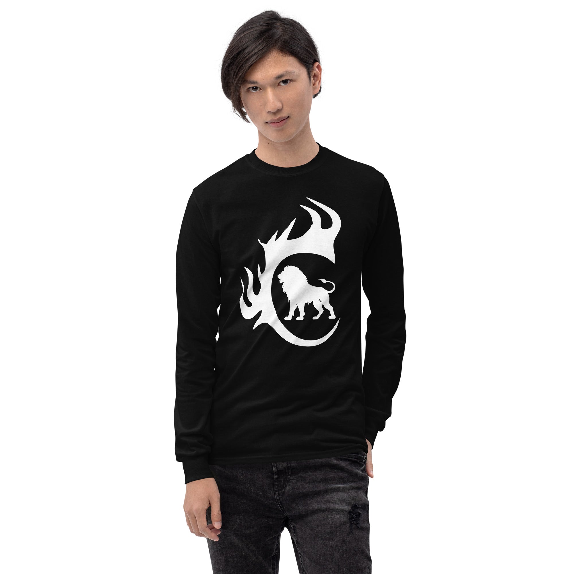 Model wearing Black Lion & Flame Long Sleeve Tee with white lion flame chest graphic.