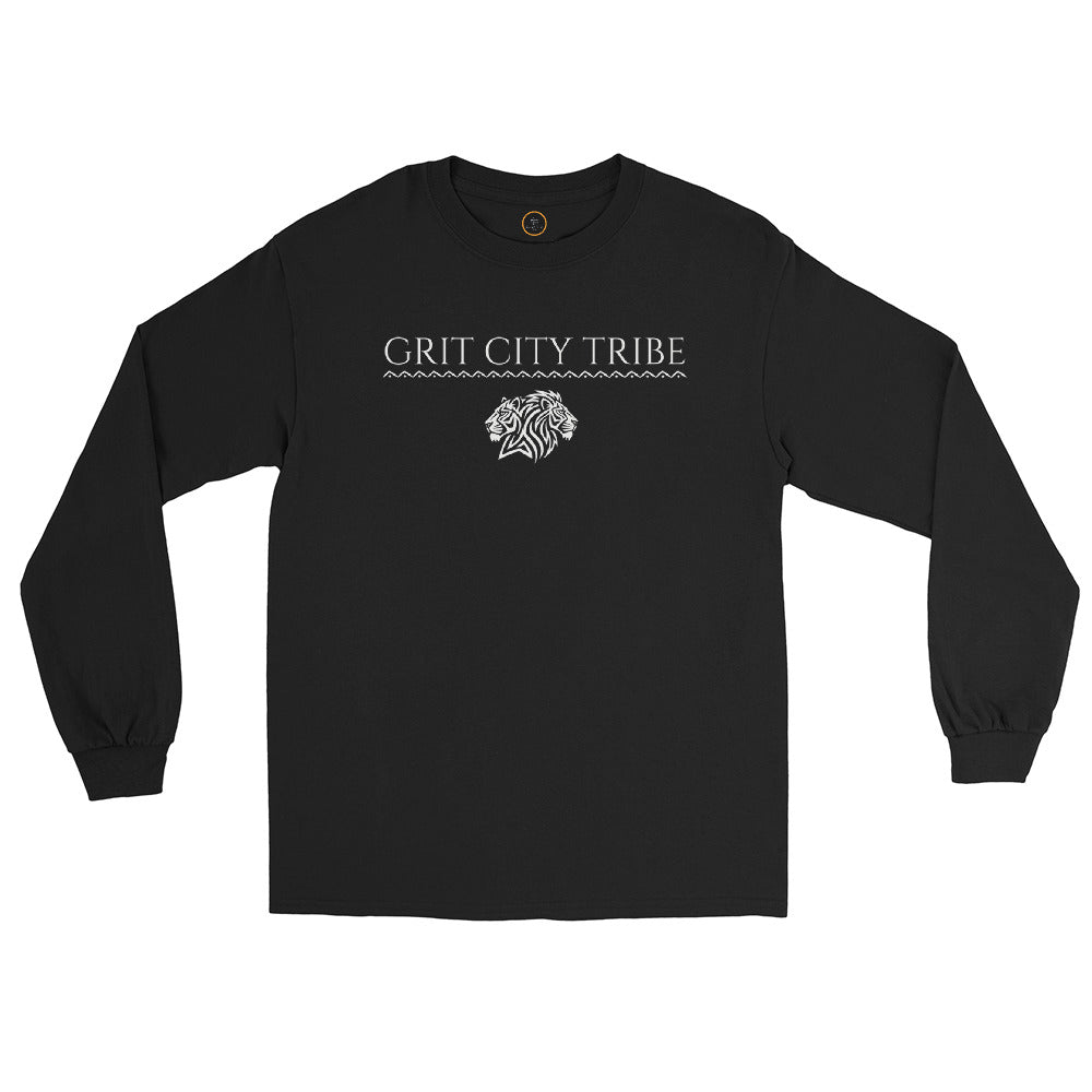 Black Grit City Tribe long sleeve tee front with tribal lion duo graphic and strong lettering