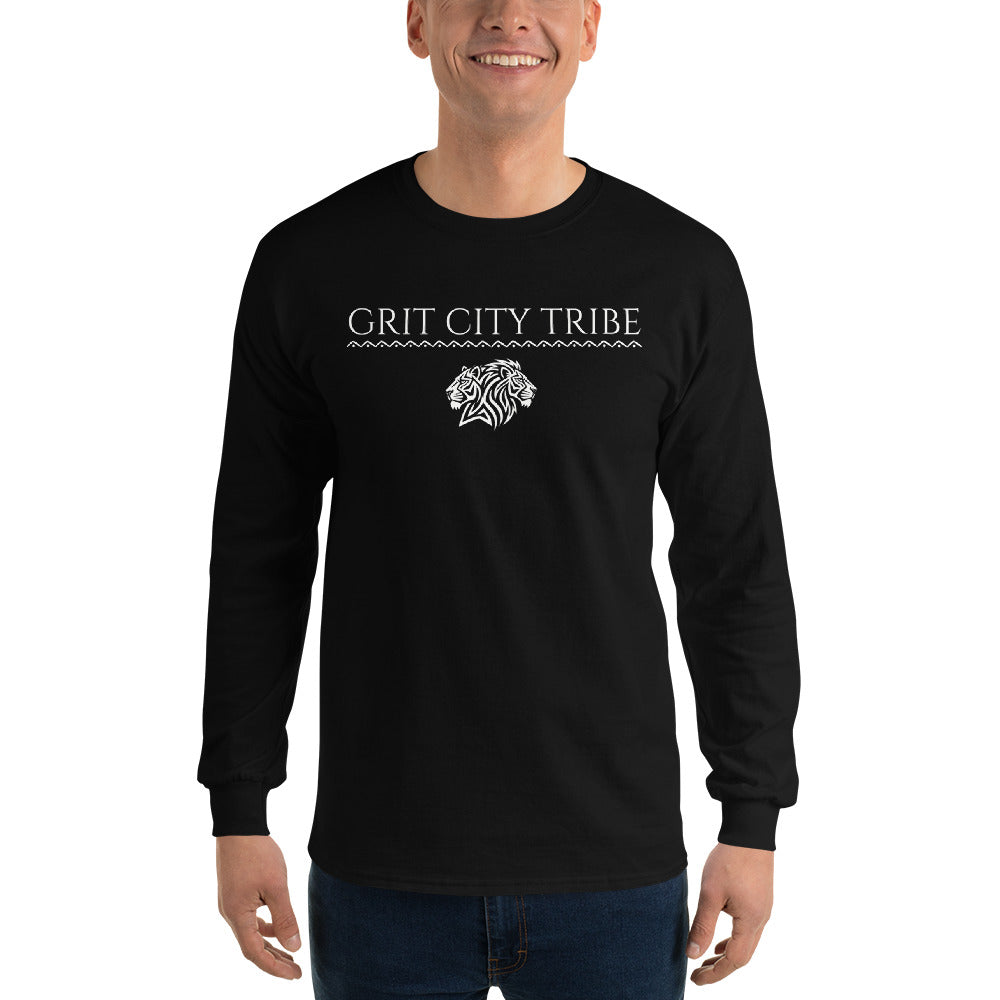 Man wearing black Grit City Tribe long sleeve with tribal lion duo chest graphic