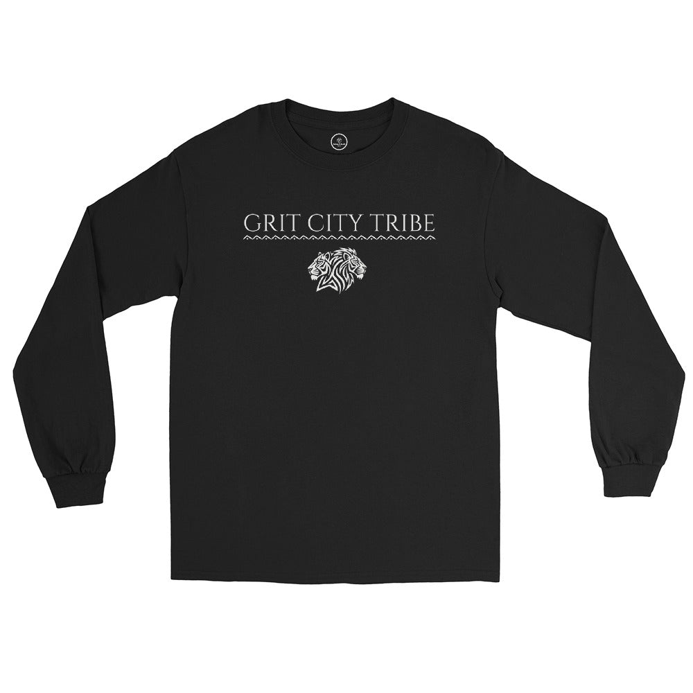 Black Grit City Tribe long sleeve tee front with tribal lion duo graphic and strong lettering