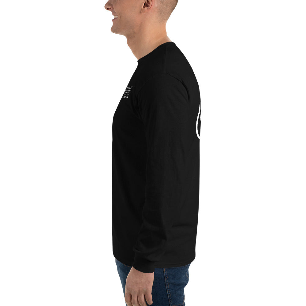 Left side view of black Grit City Tribe long sleeve tee on female model