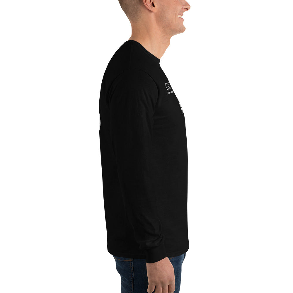 Right side view of black Grit City Tribe long sleeve tee on female model