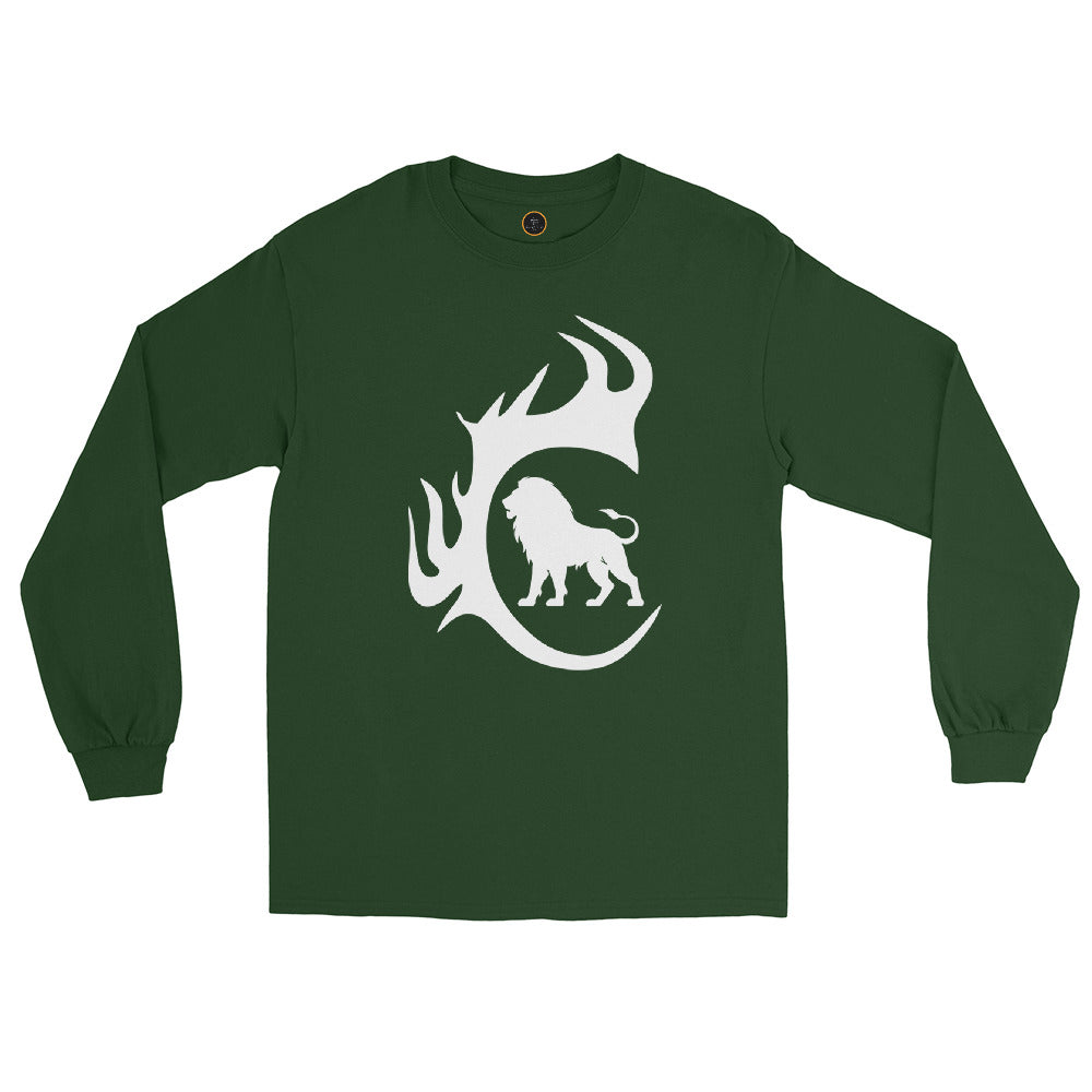 Forest Green Lion & Flame Long Sleeve Tee with white lion flame chest graphic.