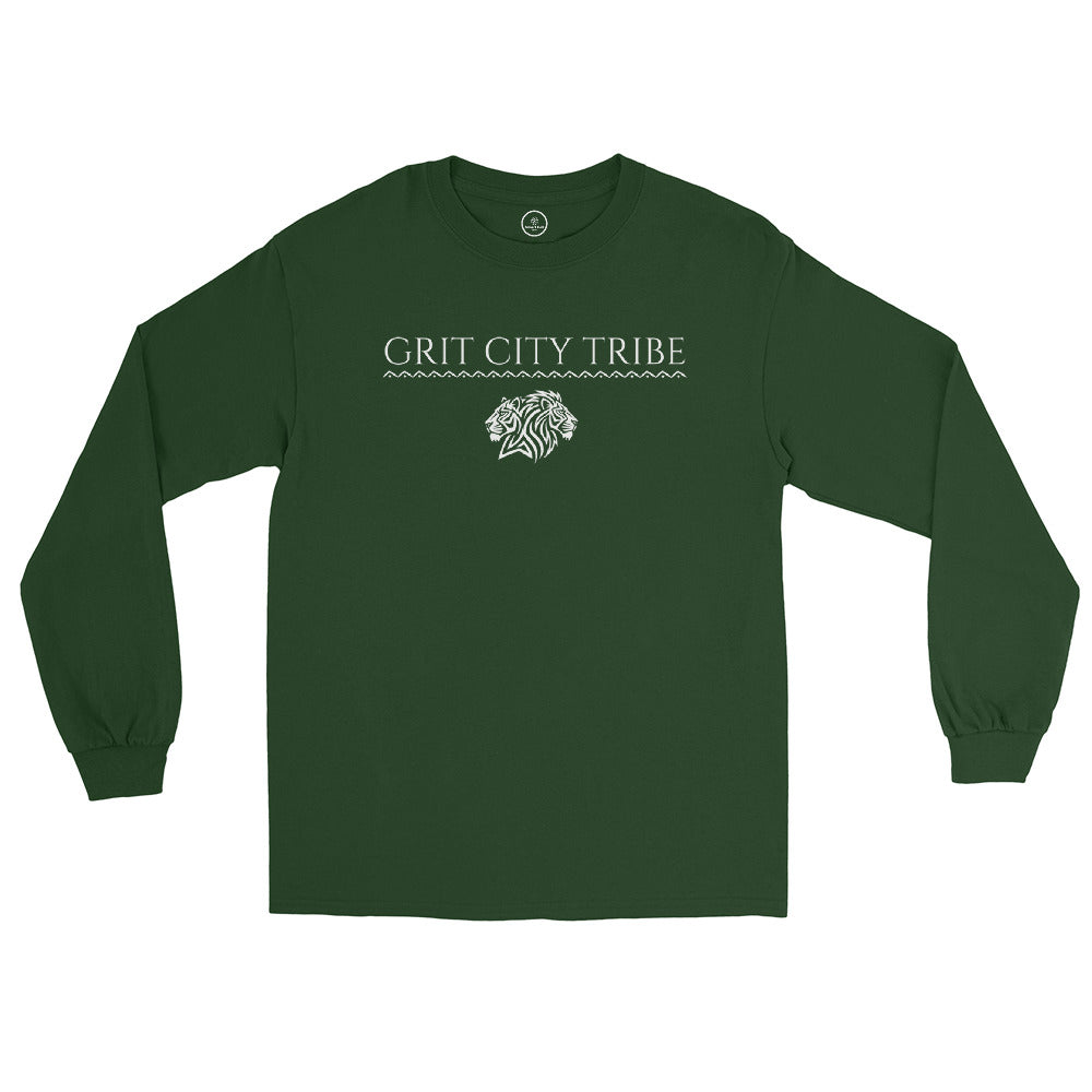 Forest Green Grit City Tribe long sleeve tee with tribal lion graphic and strong lettering