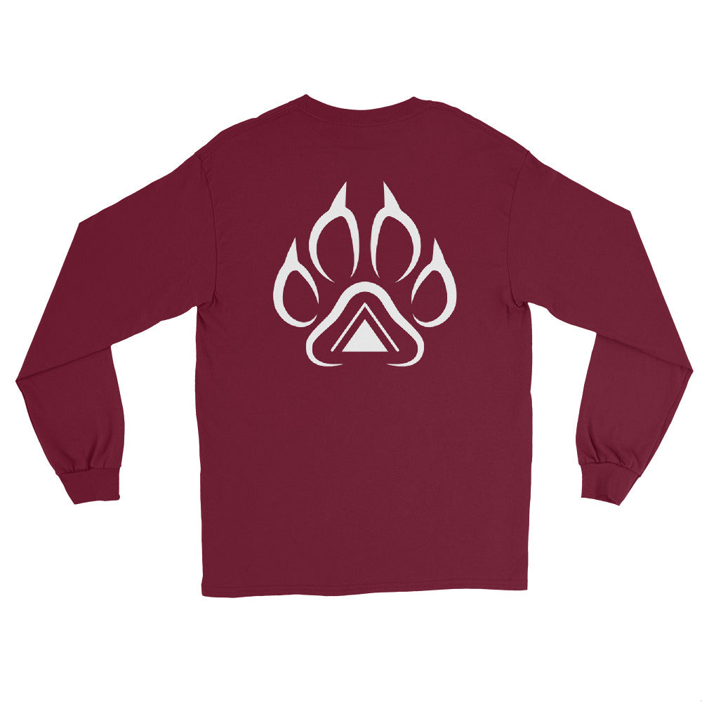 Maroon Grit City Tribe long sleeve tee back with oversized tribal lion paw and triangle graphic
