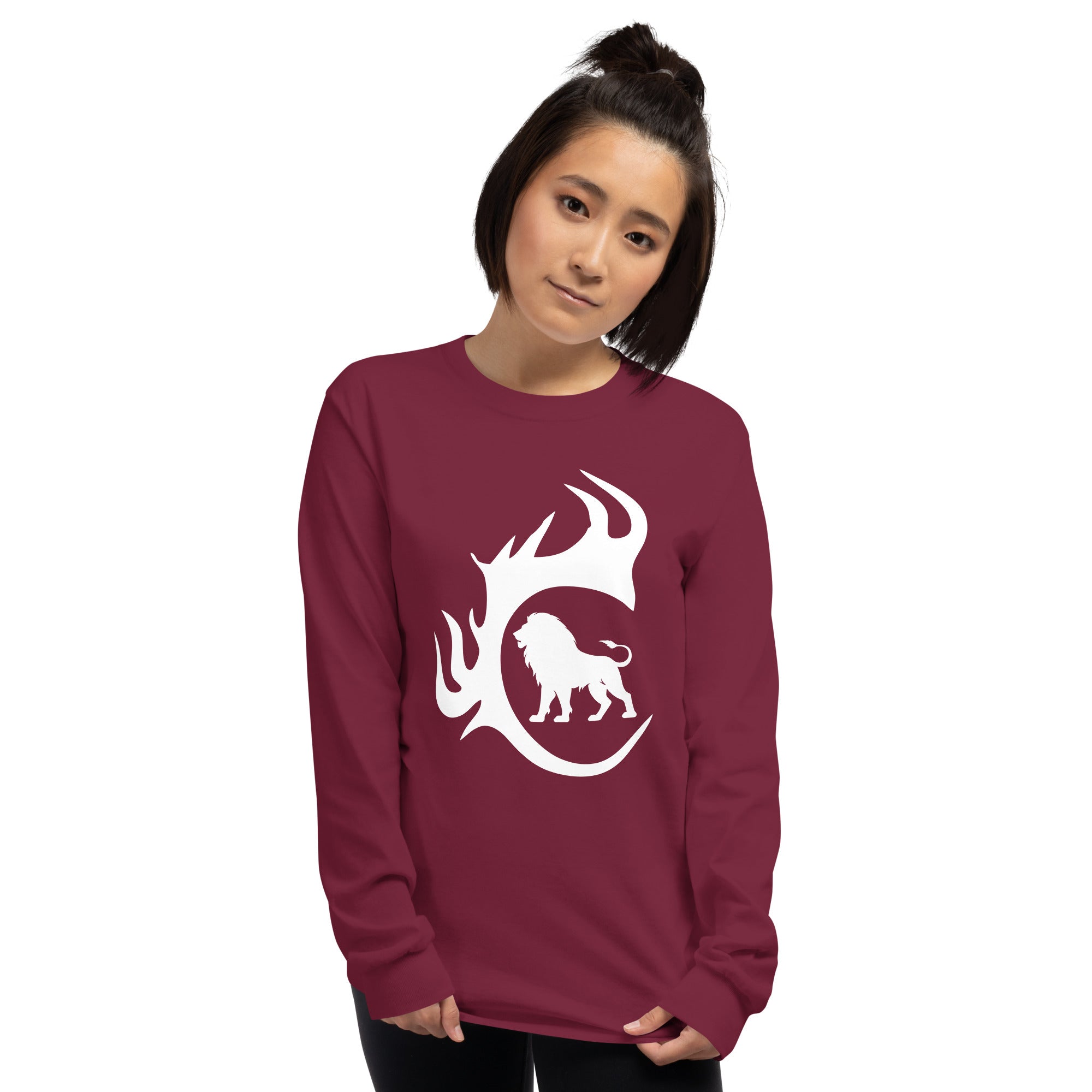 Model wearing Maroon Lion & Flame Long Sleeve Tee with white lion flame chest graphic.