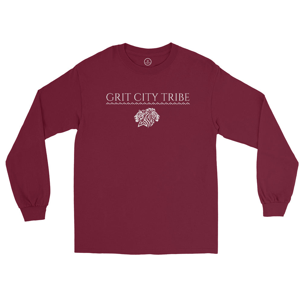 Maroon Grit City Tribe long sleeve tee front with tribal lion duo graphic and strong lettering
