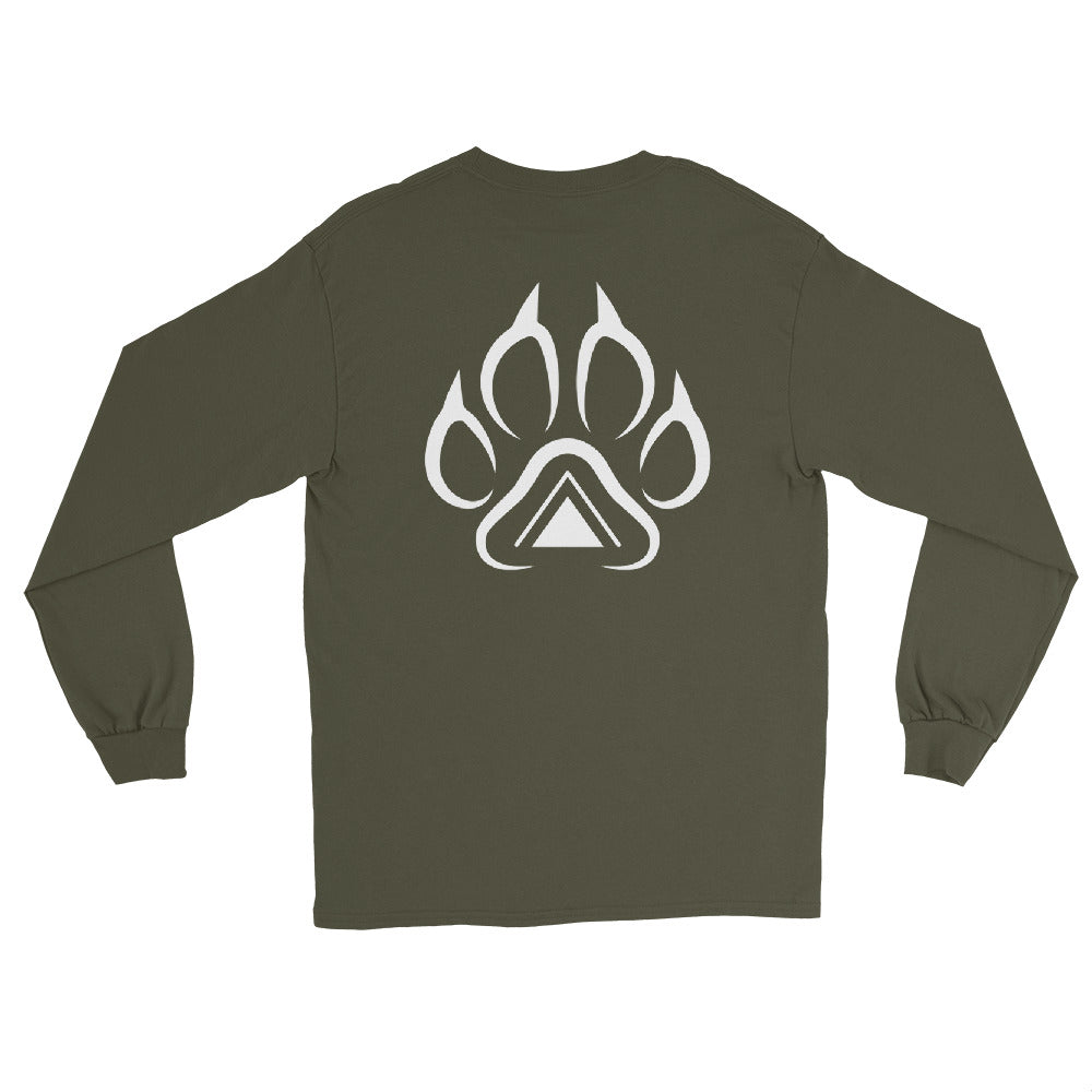 Military Green Grit City Tribe long sleeve tee back with tribal lion paw and triangle graphic