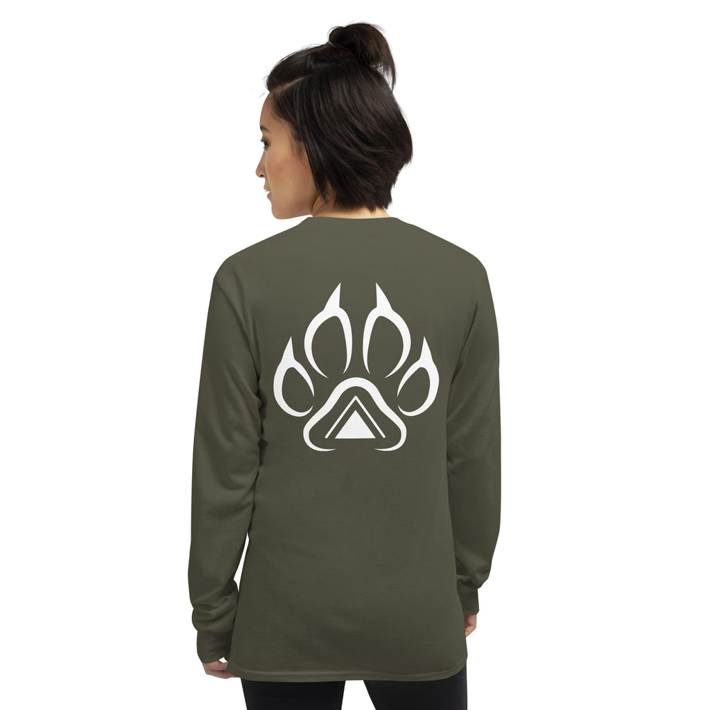 Woman wearing military green Grit City Tribe long sleeve showing tribal lion paw back graphic