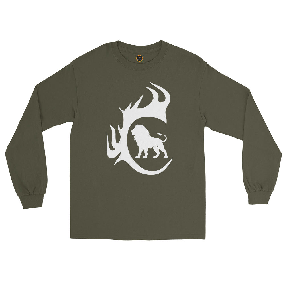 Military Green Lion & Flame Long Sleeve Tee with white lion flame graphic.
