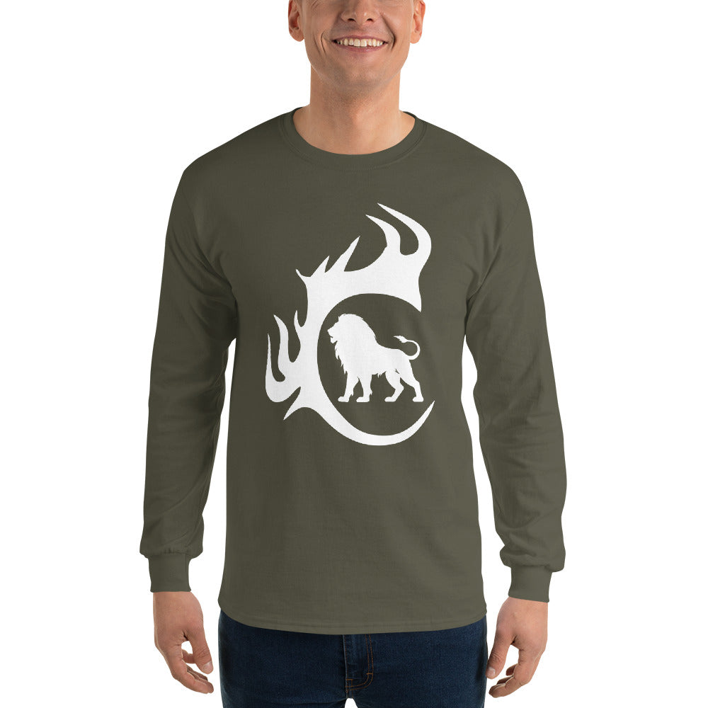 Model wearing Military Green Lion & Flame Long Sleeve Tee with white lion flame chest graphic.