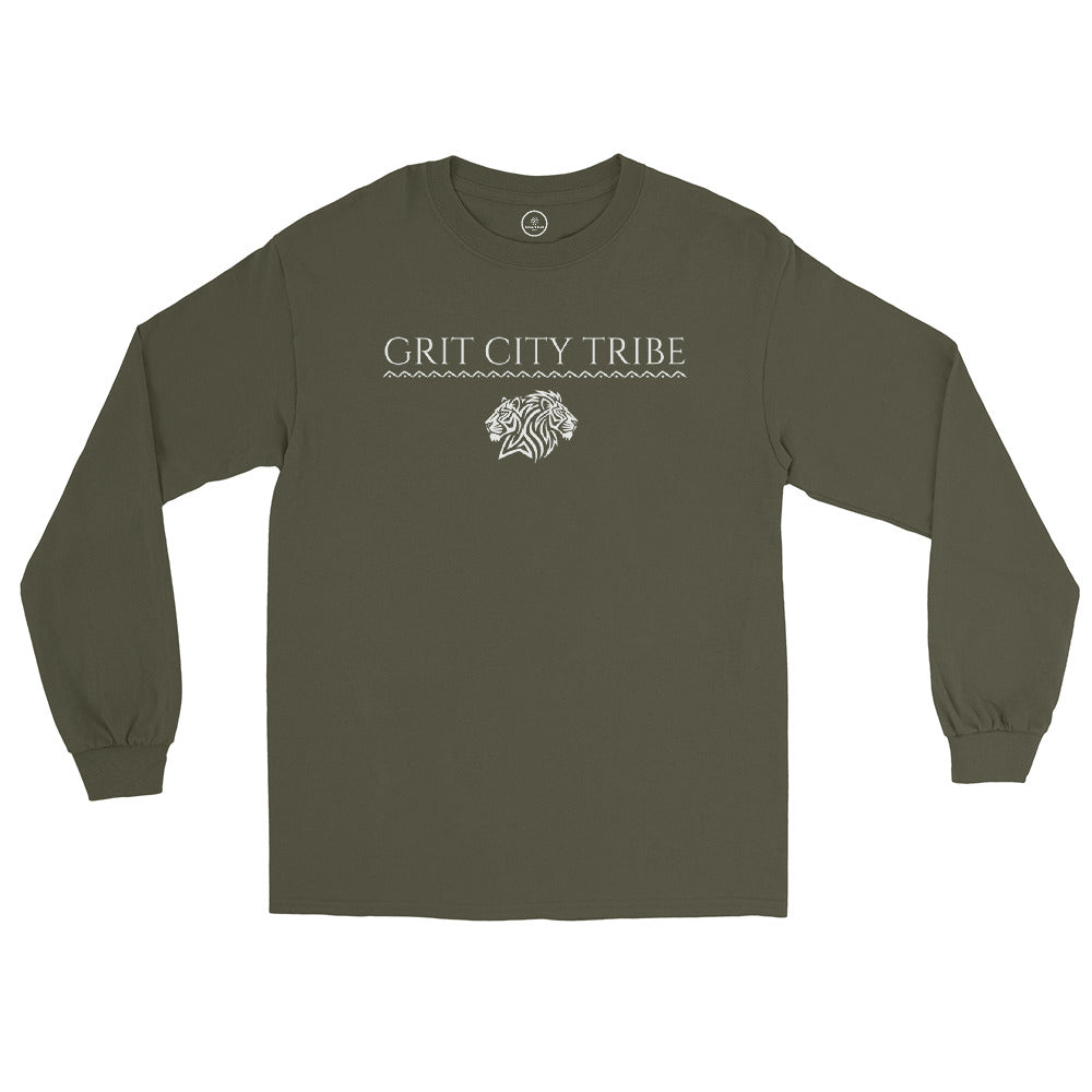 Military Green Grit City Tribe long sleeve tee with tribal lion graphic and strong lettering
