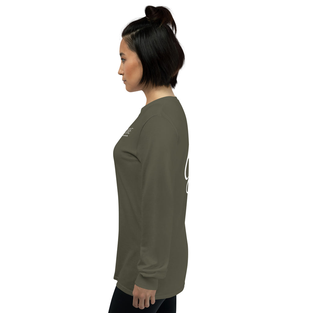 Left side view of military green Grit City Tribe long sleeve tee on female model
