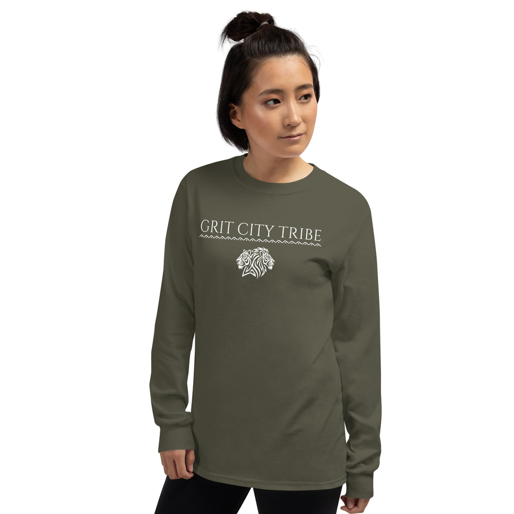 Woman wearing military green Grit City Tribe long sleeve with tribal lion duo chest graphic