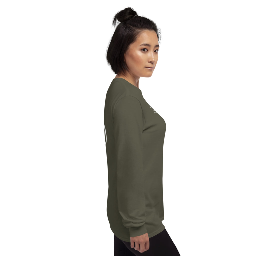 Right side view of military green Grit City Tribe long sleeve tee on female model