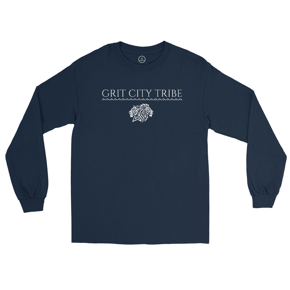 Navy Grit City Tribe long sleeve tee front with tribal lion duo graphic and strong lettering