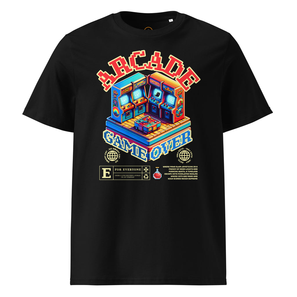 Black Arcade Cat Organic Cotton Tee with colorful arcade cat graphic