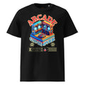 Black Arcade Cat Organic Cotton Tee with colorful arcade cat graphic