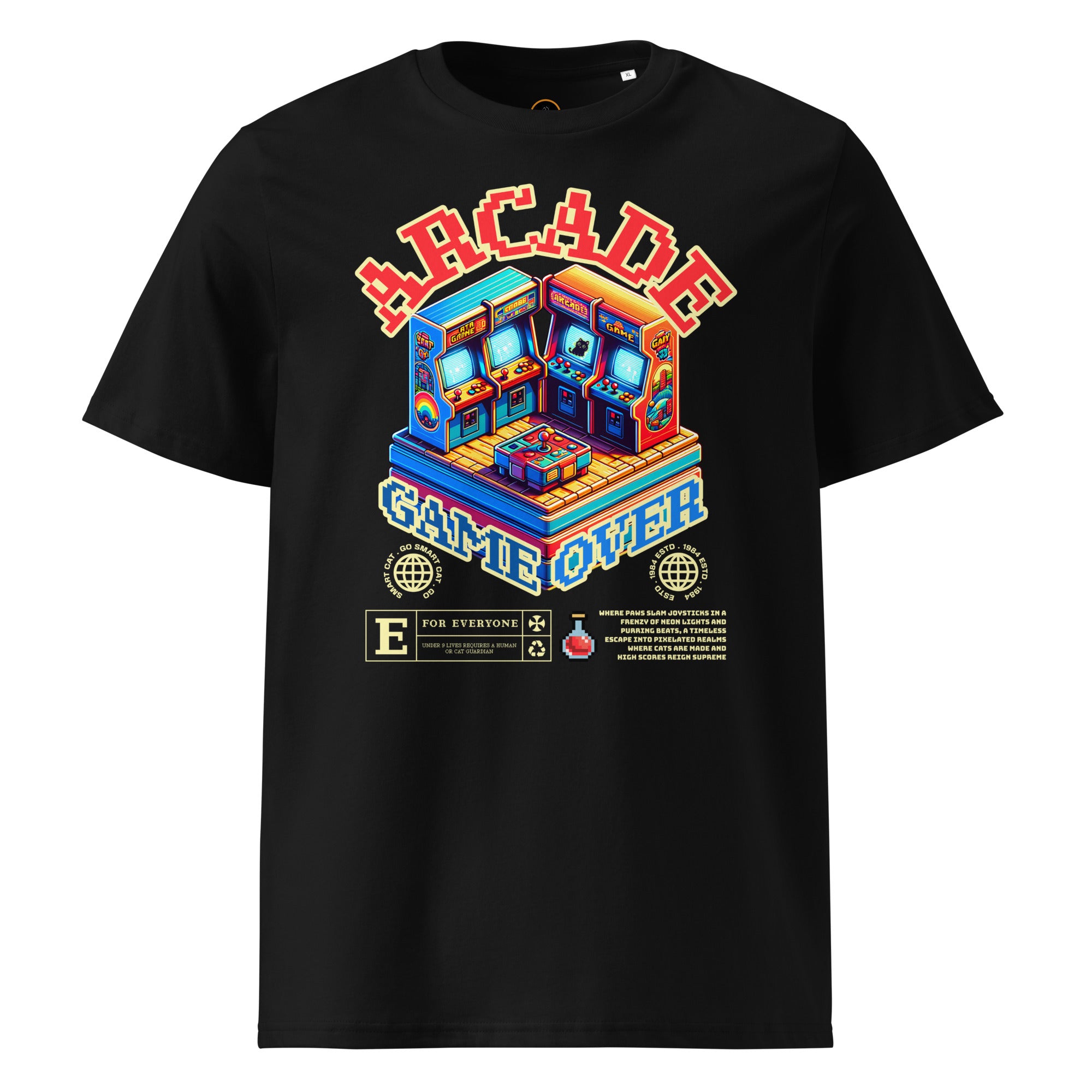 Black Arcade Cat Organic Cotton Tee with colorful arcade cat graphic