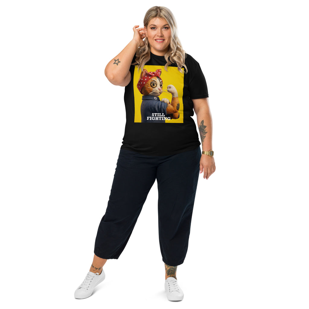 Model wearing black Still Fighting T-Shirt with multicolor pop-art graphic