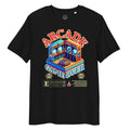 Black Arcade Cat Organic Cotton Tee with colorful arcade cat graphic