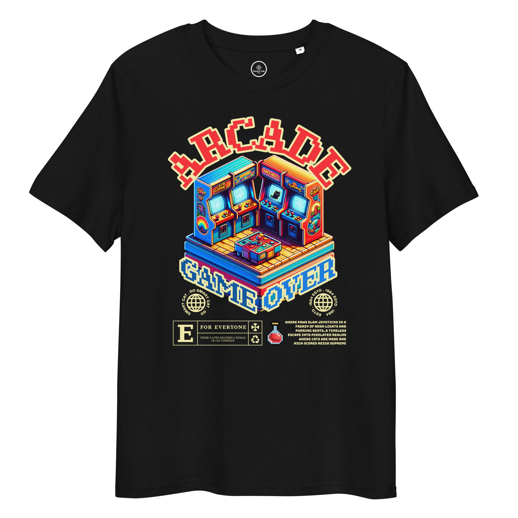 Black Arcade Cat Organic Cotton Tee with colorful arcade cat graphic