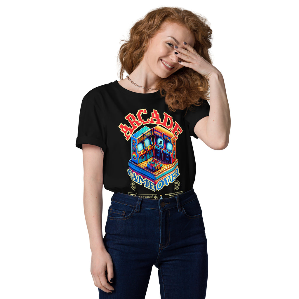 Model wearing black Arcade Cat Organic Cotton Tee with colorful arcade cat graphic